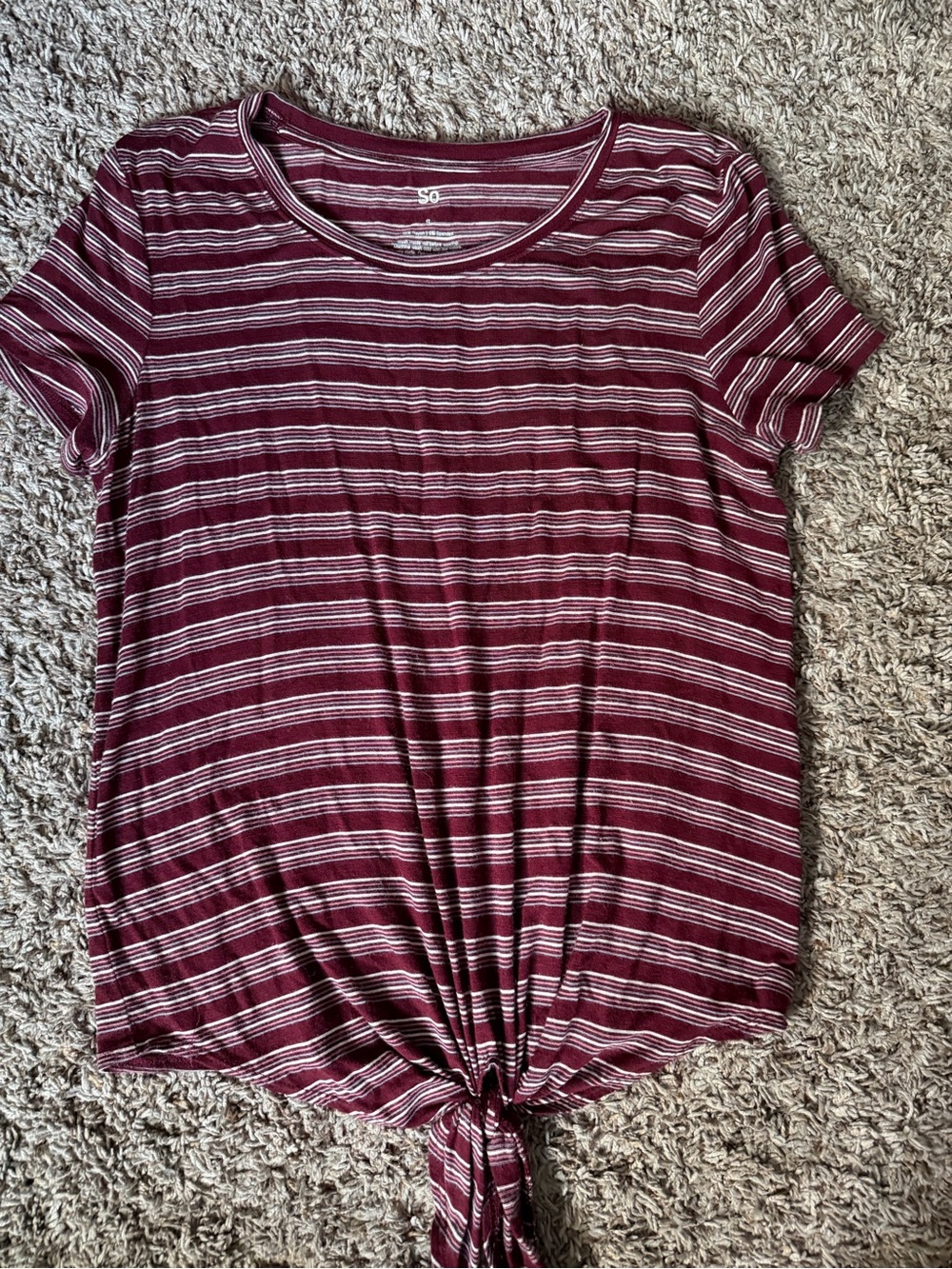 SO Burgundy & White Striped Tie-Front Short Sleeve Tee